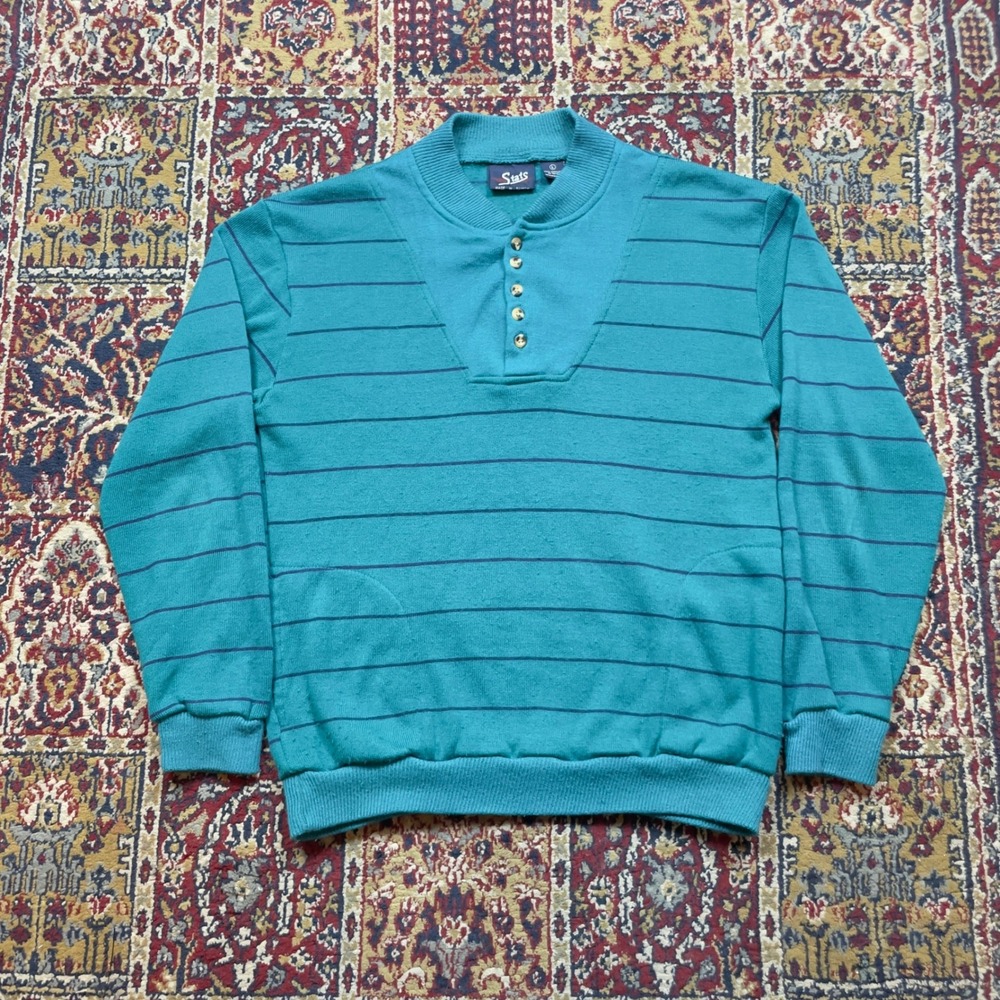 Stats Mens Teal Blue Stripe Pullover Sweater Mock henley button‎ Neck Size L